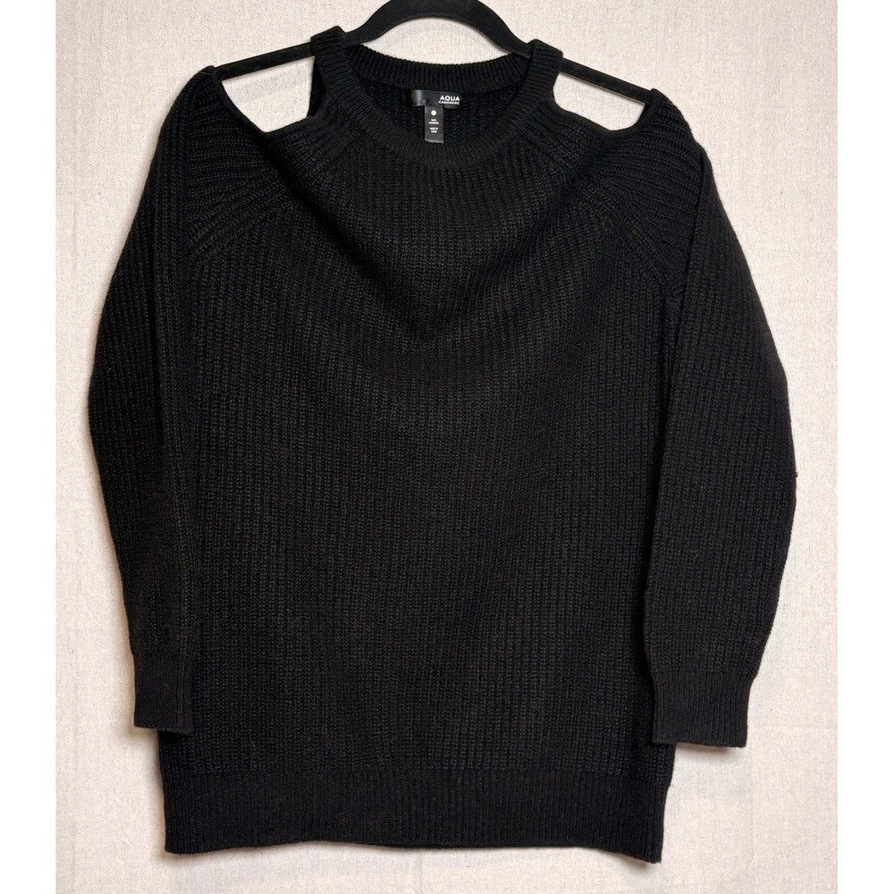 AQUA Cashmere Womens Black Cold Shoulder Ribbed Knit Sweater 100% Cashmere Sz M